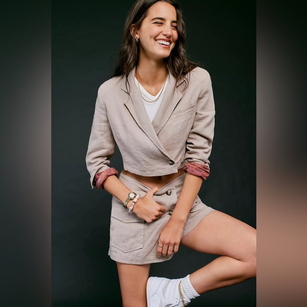 Free People Slice of Action Tan linen Skort Suit Set Size NWT